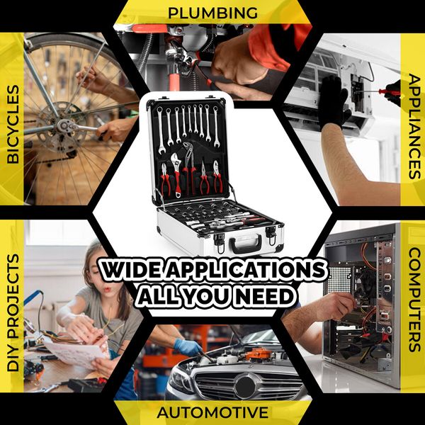 185Pcs Tool Box Trolley Set Hand Toolkit DIY Home Car Repair Rolling Auto Mechanics Household Storage Portable Aluminium Carry Case with Pliers Locks
