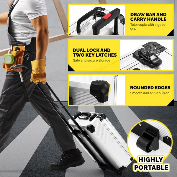 185Pcs Tool Box Trolley Set Hand Toolkit DIY Home Car Repair Rolling Auto Mechanics Household Storage Portable Aluminium Carry Case with Pliers Locks