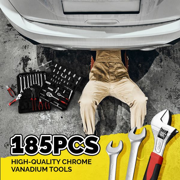 185Pcs Tool Box Trolley Set Hand Toolkit DIY Home Car Repair Rolling Auto Mechanics Household Storage Portable Aluminium Carry Case with Pliers Locks