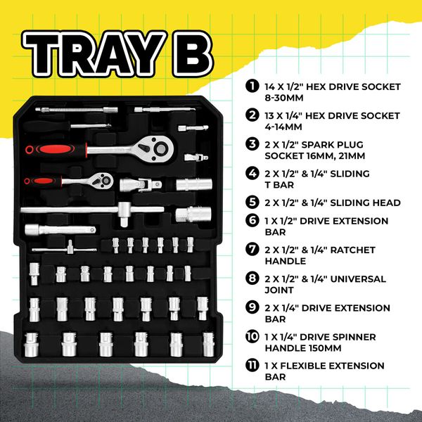185Pcs Tool Box Trolley Set Hand Toolkit DIY Home Car Repair Rolling Auto Mechanics Household Storage Portable Aluminium Carry Case with Pliers Locks