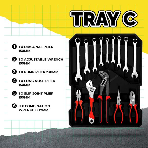 185Pcs Tool Box Trolley Set Hand Toolkit DIY Home Car Repair Rolling Auto Mechanics Household Storage Portable Aluminium Carry Case with Pliers Locks