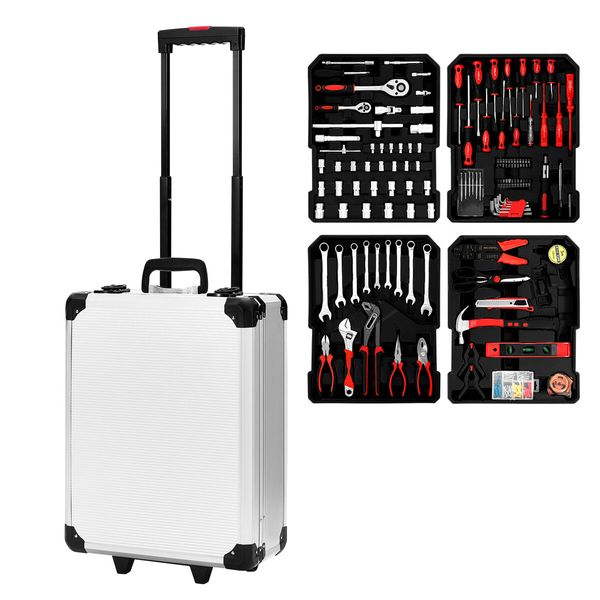 185Pcs Tool Box Trolley Set Hand Toolkit DIY Home Car Repair Rolling Auto Mechanics Household Storage Portable Aluminium Carry Case with Pliers Locks