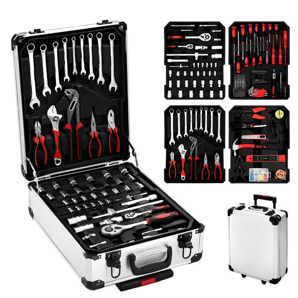 185Pcs Tool Box Trolley Set Hand Toolkit DIY Home Car Repair Rolling Auto Mechanics Household Storage Portable Aluminium Carry Case with Pliers Locks