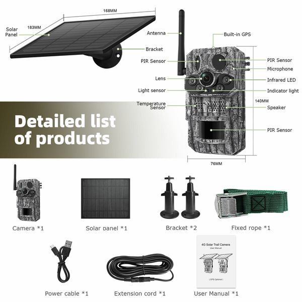 Solar Powered Security Camera 4G 3MP Outdoor Hunting Home Surveillance System Battery House CCTV 360 Degree View Wildlife Animal Motion Monitoring Cam