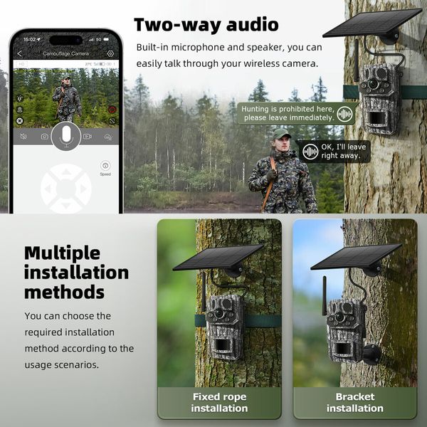 Solar Powered Security Camera 4G 3MP Outdoor Hunting Home Surveillance System Battery House CCTV 360 Degree View Wildlife Animal Motion Monitoring Cam