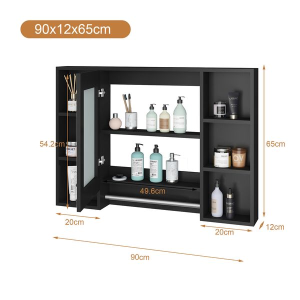 Bathroom Mirror Cabinet Medicine Shaver Shelves Shaving Wall Cupboard Organiser Storage Floating Vanity Furniture With Door Black 90x12x65cm