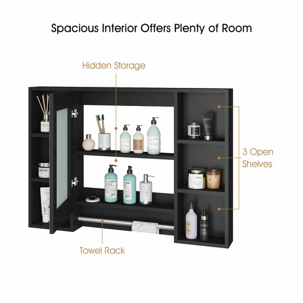 Bathroom Mirror Cabinet Medicine Shaver Shelves Shaving Wall Cupboard Organiser Storage Floating Vanity Furniture With Door Black 90x12x65cm