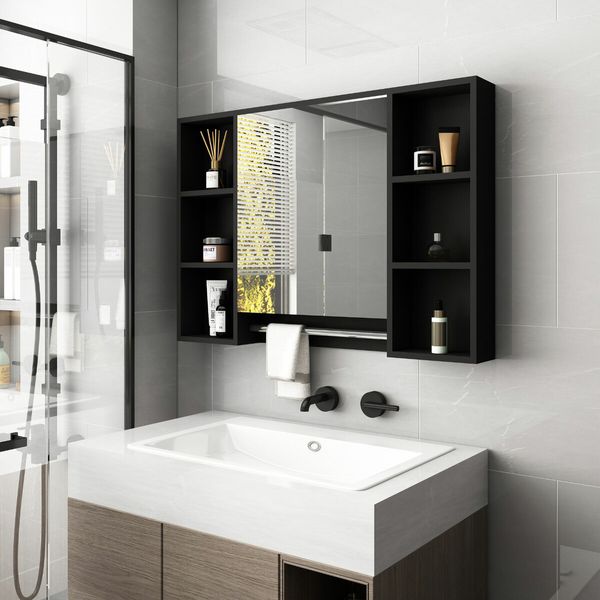Bathroom Mirror Cabinet Medicine Shaver Shelves Shaving Wall Cupboard Organiser Storage Floating Vanity Furniture With Door Black 90x12x65cm
