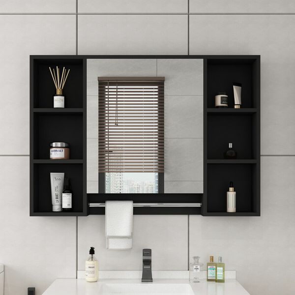 Bathroom Mirror Cabinet Medicine Shaver Shelves Shaving Wall Cupboard Organiser Storage Floating Vanity Furniture With Door Black 90x12x65cm