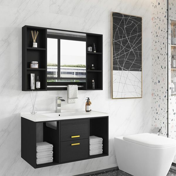 Bathroom Mirror Cabinet Medicine Shaver Shelves Shaving Wall Cupboard Organiser Storage Floating Vanity Furniture With Door Black 90x12x65cm