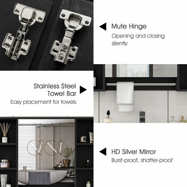 Bathroom Mirror Cabinet Medicine Shaver Shelves Shaving Wall Cupboard Organiser Storage Floating Vanity Furniture With Door Black 90x12x65cm