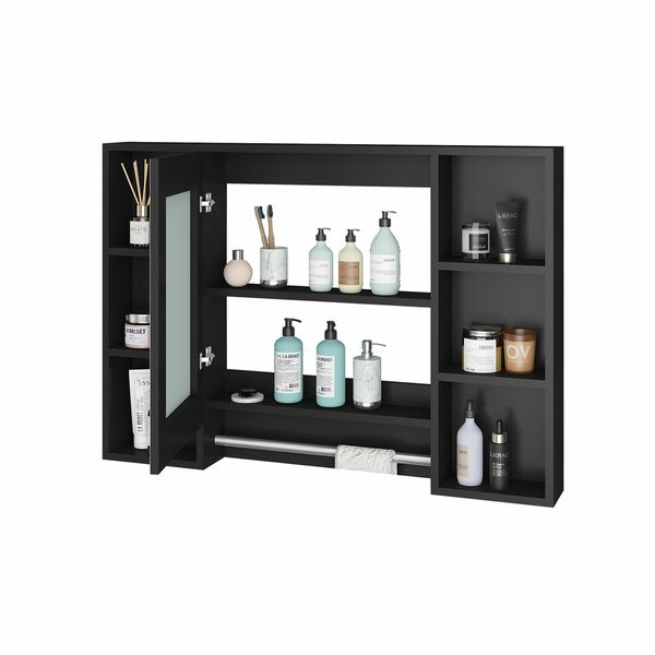 Bathroom Mirror Cabinet Medicine Shaver Shelves Shaving Wall Cupboard Organiser Storage Floating Vanity Furniture With Door Black 90x12x65cm