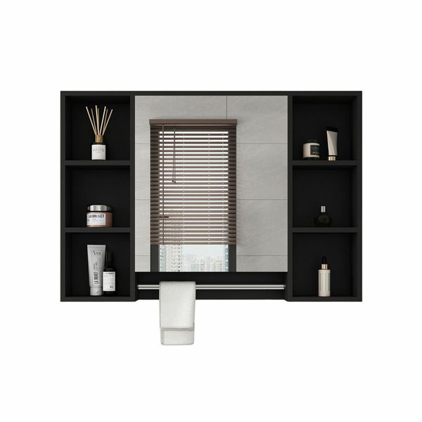 Bathroom Mirror Cabinet Medicine Shaver Shelves Shaving Wall Cupboard Organiser Storage Floating Vanity Furniture With Door Black 90x12x65cm