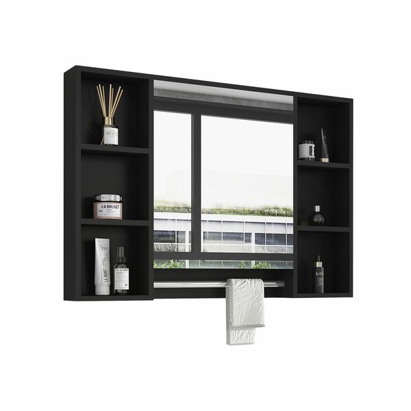 Bathroom Mirror Cabinet Medicine Shaver Shelves Shaving Wall Cupboard Organiser Storage Floating Vanity Furniture With Door Black 90x12x65cm