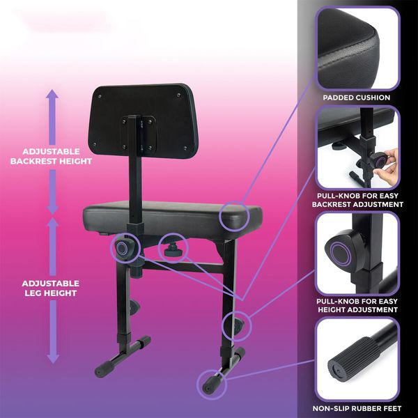 Melodic Piano Stool Bench Chair Seat Music Keyboard Stand Adjustable Soft Padded Cushion Backrest Ergonomic for Stage Musicians Steel Black