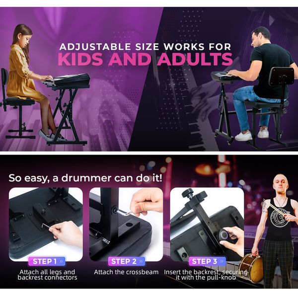Melodic Piano Stool Bench Chair Seat Music Keyboard Stand Adjustable Soft Padded Cushion Backrest Ergonomic for Stage Musicians Steel Black