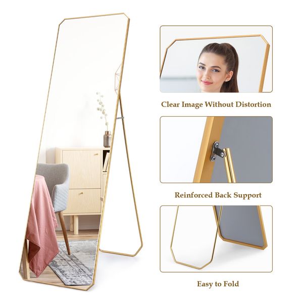 Full Length Floor Mirror Vanity Body Makeup Free Standing Wall Hanging Leaning Hallway Bedroom Dressing Room with Folding Stand 45x2x140cm