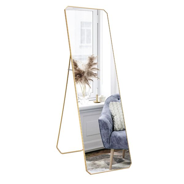 Full Length Floor Mirror Vanity Body Makeup Free Standing Wall Hanging Leaning Hallway Bedroom Dressing Room with Folding Stand 45x2x140cm
