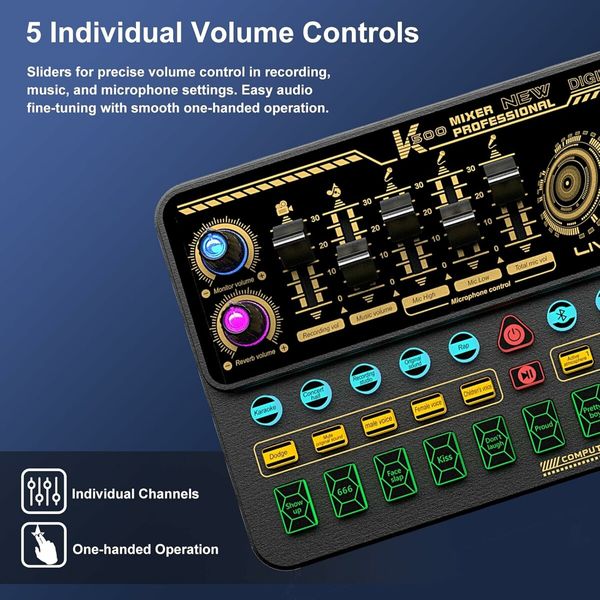 Audio Mixer With Effects, Live Sound Card with Volume Fader, Voice Changer, Sound Effects, LED Lights, for Karaoke, Streaming, Recording, Podcasting Sound Board