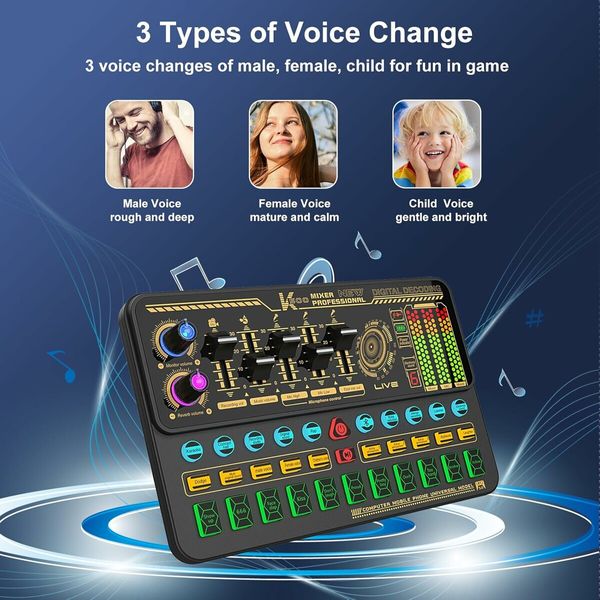 Audio Mixer With Effects, Live Sound Card with Volume Fader, Voice Changer, Sound Effects, LED Lights, for Karaoke, Streaming, Recording, Podcasting Sound Board