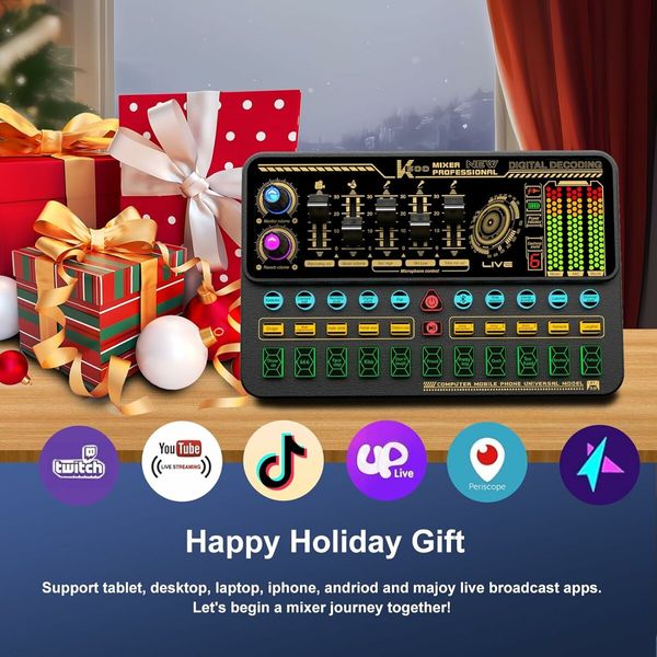 Audio Mixer With Effects, Live Sound Card with Volume Fader, Voice Changer, Sound Effects, LED Lights, for Karaoke, Streaming, Recording, Podcasting Sound Board