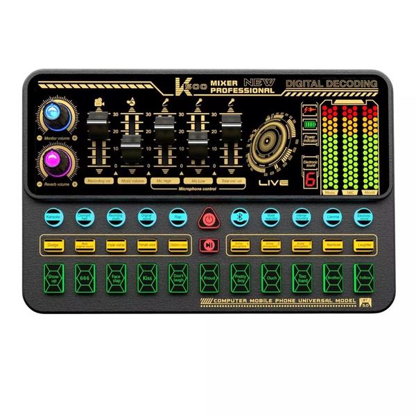 Audio Mixer With Effects, Live Sound Card with Volume Fader, Voice Changer, Sound Effects, LED Lights, for Karaoke, Streaming, Recording, Podcasting Sound Board
