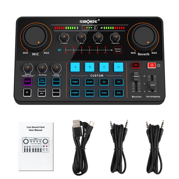 Live Sound Card, Mini Sound Mixer Board with Effects and Voice Changer, Noise Reduction Bluetooth Live Sound Card Audio Mixer for Live Streaming, Podcast