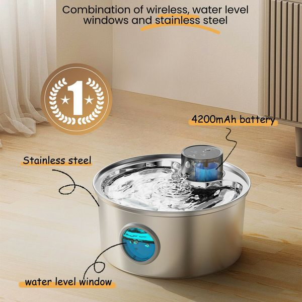 3.2L Water Fountain Wireless Stainless Steel Pet Bowl Automatic Dispenser Rechargeable Dog Waterer Fountain Indoor with Motion Sensor