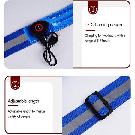 USB Rechargeable LED Reflective Belt Sash Adjustable Length LED Light Up Running Belt Light for Walkers (Blue)