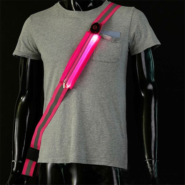 USB Rechargeable LED Reflective Belt Sash Adjustable Length LED Light Up Running Belt Light for Walkers (Pink)
