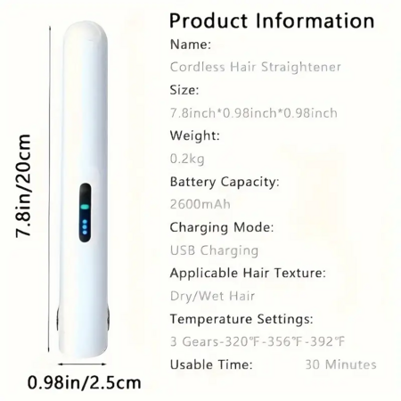 2 in 1 Hair Straightener and Curler,Portable Travel Wireless USB Rechargeable Mini Straightener,Anti-Scald 3-Level Adjust Temp,White