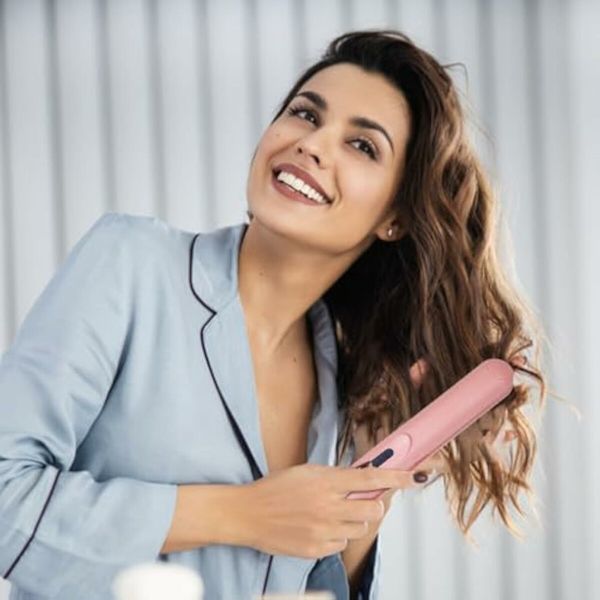 2 in 1 Hair Straightener and Curler,Portable Travel Wireless USB Rechargeable Mini Straightener,Anti-Scald 3-Level Adjust Temp,Pink