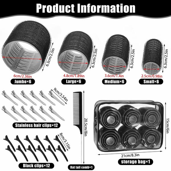 4 Sizes Self-Grip Hair Rollers Set for Long,Short Hair and Bangs - 50 Pcs with Clips 25mm 36mm 48mm 60mm,Black