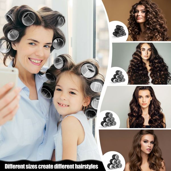 4 Sizes Self-Grip Hair Rollers Set for Long,Short Hair and Bangs - 50 Pcs with Clips 25mm 36mm 48mm 60mm,Black