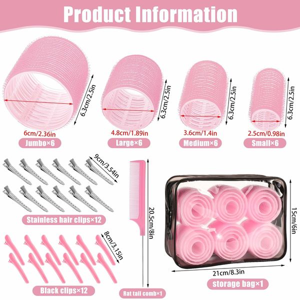 4 Sizes Self-Grip Hair Rollers Set for Long,Short Hair and Bangs - 50 Pcs with Clips 25mm 36mm 48mm 60mm,Pink