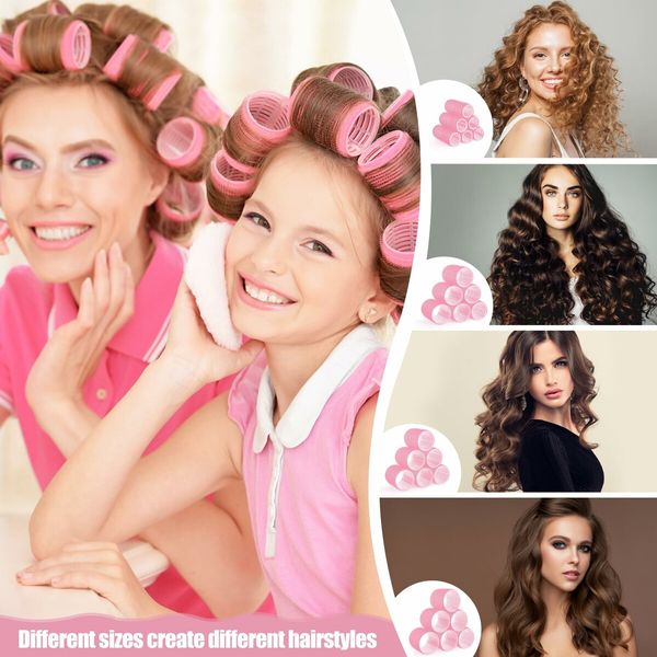 4 Sizes Self-Grip Hair Rollers Set for Long,Short Hair and Bangs - 50 Pcs with Clips 25mm 36mm 48mm 60mm,Pink