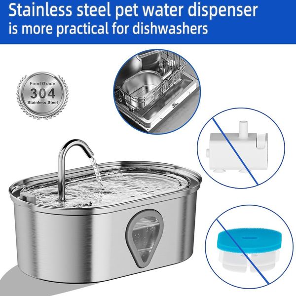 Cat Water Fountain,3.5L Large Capacity Automatic Stainless Steel Pet Water Dispenser Indoor Cat and Dog Water Fountain with Water Level Window