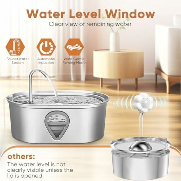 Cat Water Fountain,3.5L Large Capacity Automatic Stainless Steel Pet Water Dispenser Indoor Cat and Dog Water Fountain with Water Level Window