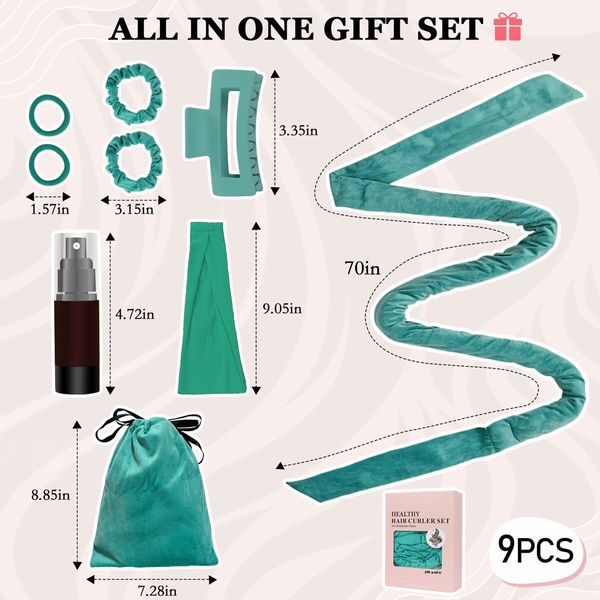 No Heat Curling Rod Headband, Overnight Velour Hair Curls Roller Wrap for Women with Long Hair - Green