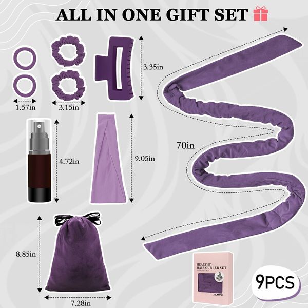 No Heat Curling Rod Headband, Overnight Velour Hair Curls Roller Wrap for Women with Long Hair - Purple