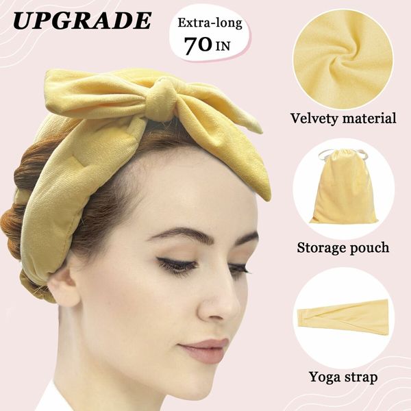 No Heat Curling Rod Headband, Overnight Velour Hair Curls Roller Wrap for Women with Long Hair - Yellow
