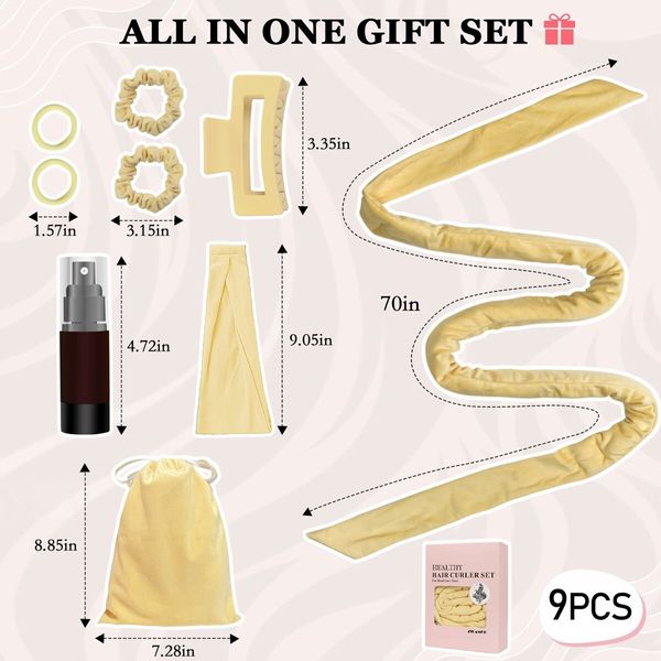 No Heat Curling Rod Headband, Overnight Velour Hair Curls Roller Wrap for Women with Long Hair - Yellow
