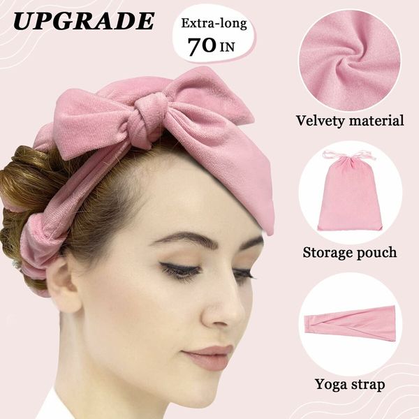 No Heat Curling Rod Headband, Overnight Velour Hair Curls Roller Wrap for Women with Long Hair - Pink