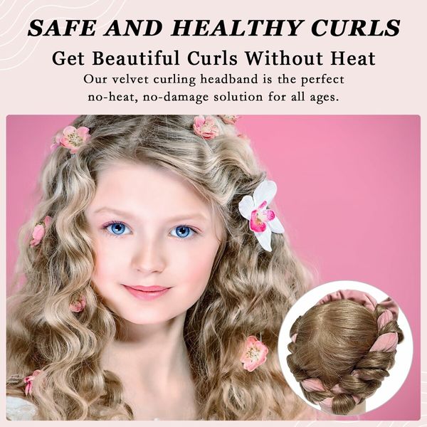 No Heat Curling Rod Headband, Overnight Velour Hair Curls Roller Wrap for Women with Long Hair - Pink
