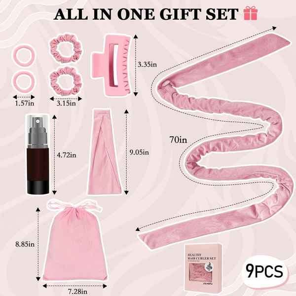 No Heat Curling Rod Headband, Overnight Velour Hair Curls Roller Wrap for Women with Long Hair - Pink
