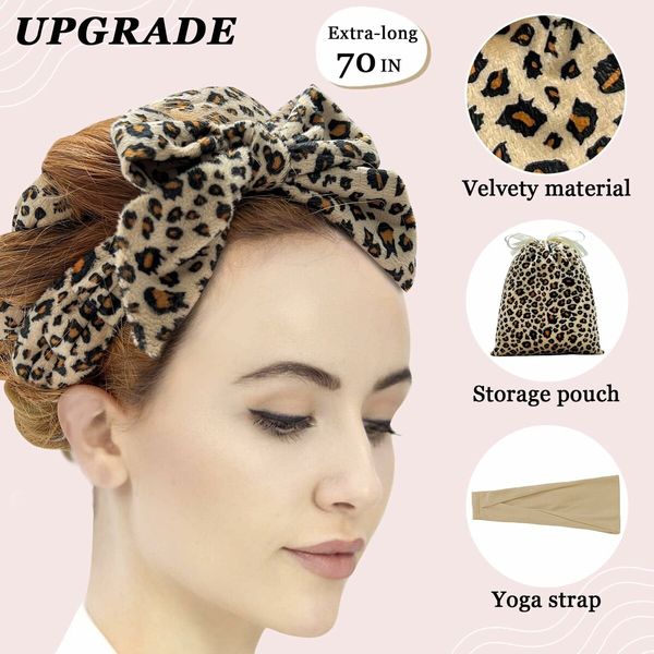 No Heat Curling Rod Headband, Overnight Velour Hair Curls Roller Wrap for Women with Long Hair - Leopard Print