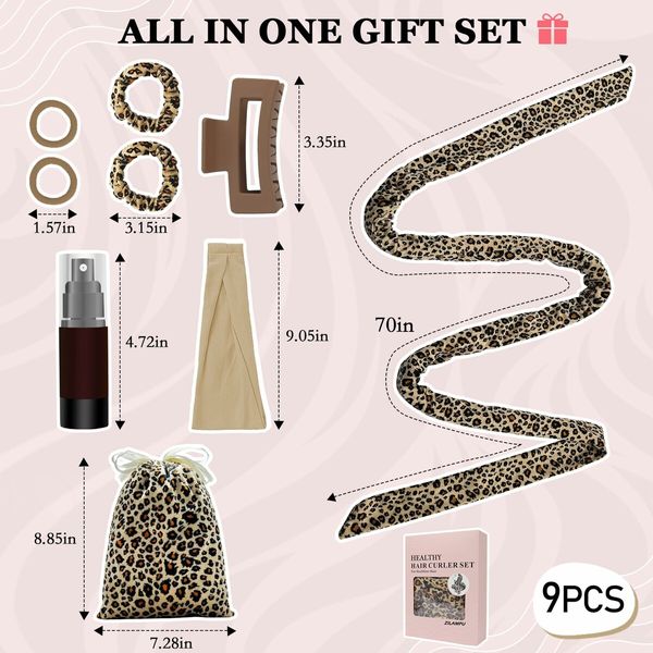No Heat Curling Rod Headband, Overnight Velour Hair Curls Roller Wrap for Women with Long Hair - Leopard Print