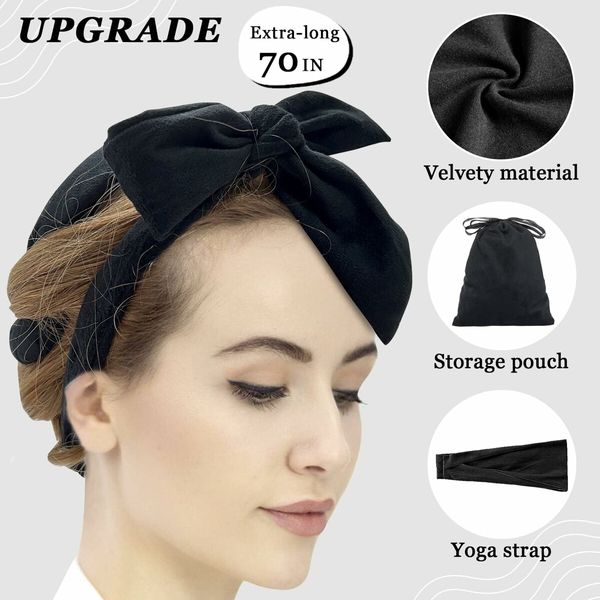 No Heat Curling Rod Headband,Overnight Velour Hair Curls Roller Wrap for Women with Long Hair - Black