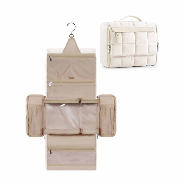 Travel Toiletry Bag Extra Large Full-open Hanging Toiletry Bag for Women Puffy Cosmetic Makeup Bag Organizer with Handle for Accessories-Beige