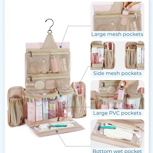 Travel Toiletry Bag Extra Large Full-open Hanging Toiletry Bag for Women Puffy Cosmetic Makeup Bag Organizer with Handle for Accessories-Beige